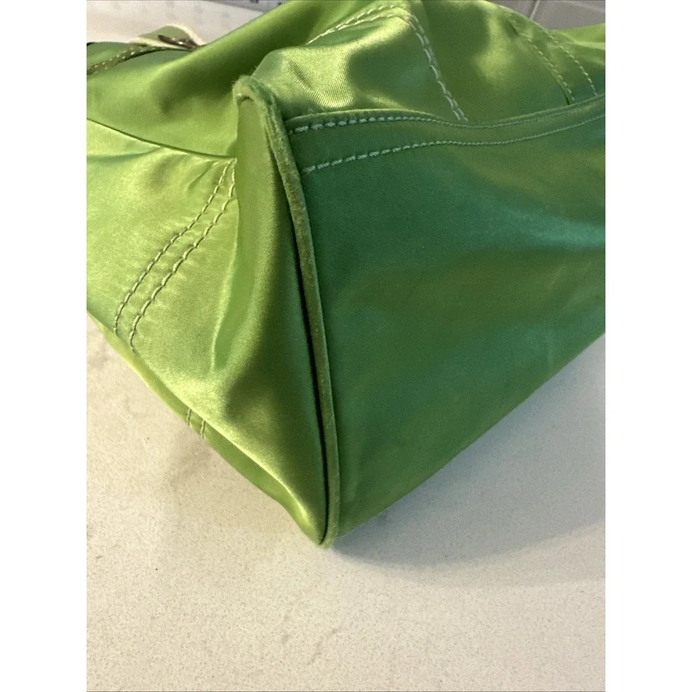 Coach Hampton Green Sateen Nylon Tote Bag Leather Trim Canvas Handles W Charm